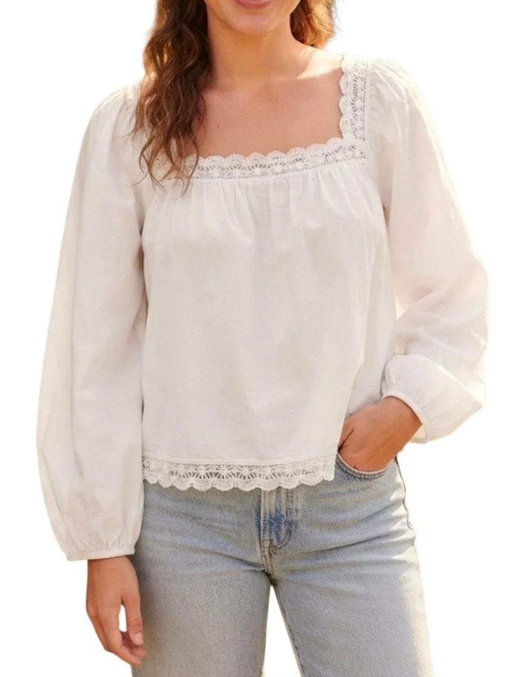 Old Navy White Lace-Trim Square Neck Blouse Size Medium